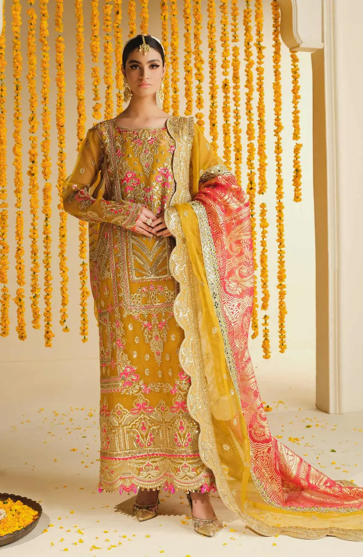 Multicolored Embroidered Yellow Pakistani Kameez Wedding Dress