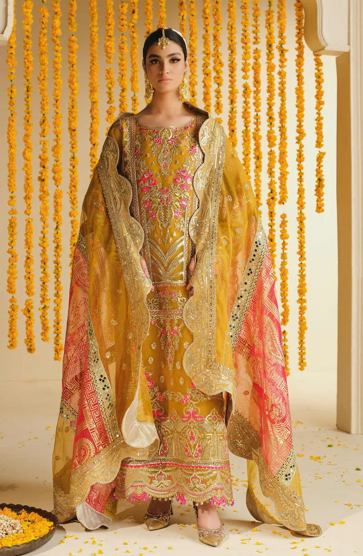 Multicolored Embroidered Yellow Pakistani Kameez Wedding Dress