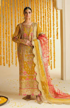Multicolored Embroidered Yellow Pakistani Kameez Wedding Dress