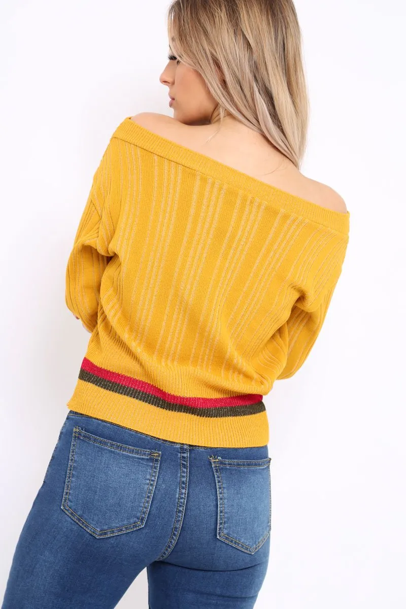 Mustard Bardot Jumper with Stripe Detail - Falon
