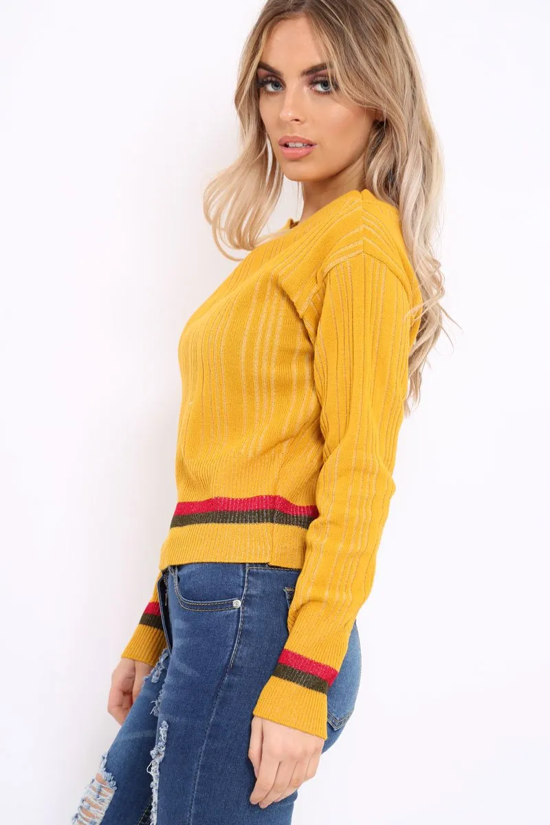 Mustard Bardot Jumper with Stripe Detail - Falon