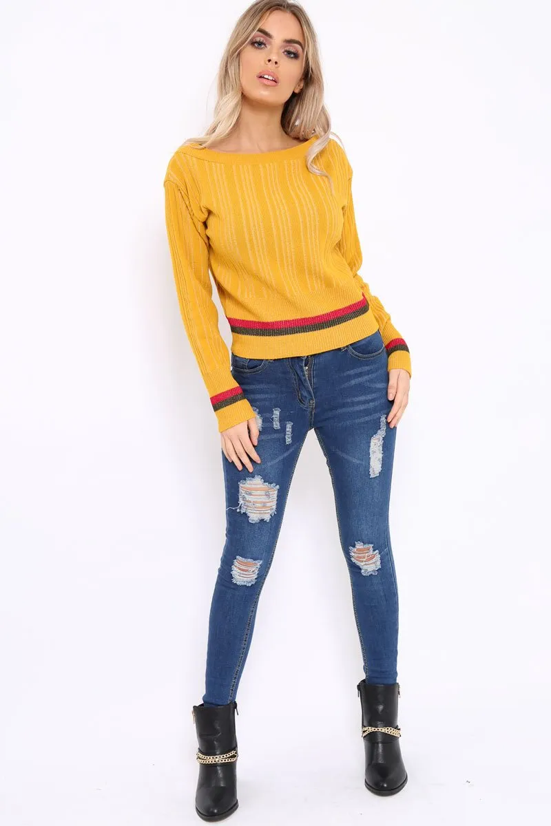 Mustard Bardot Jumper with Stripe Detail - Falon