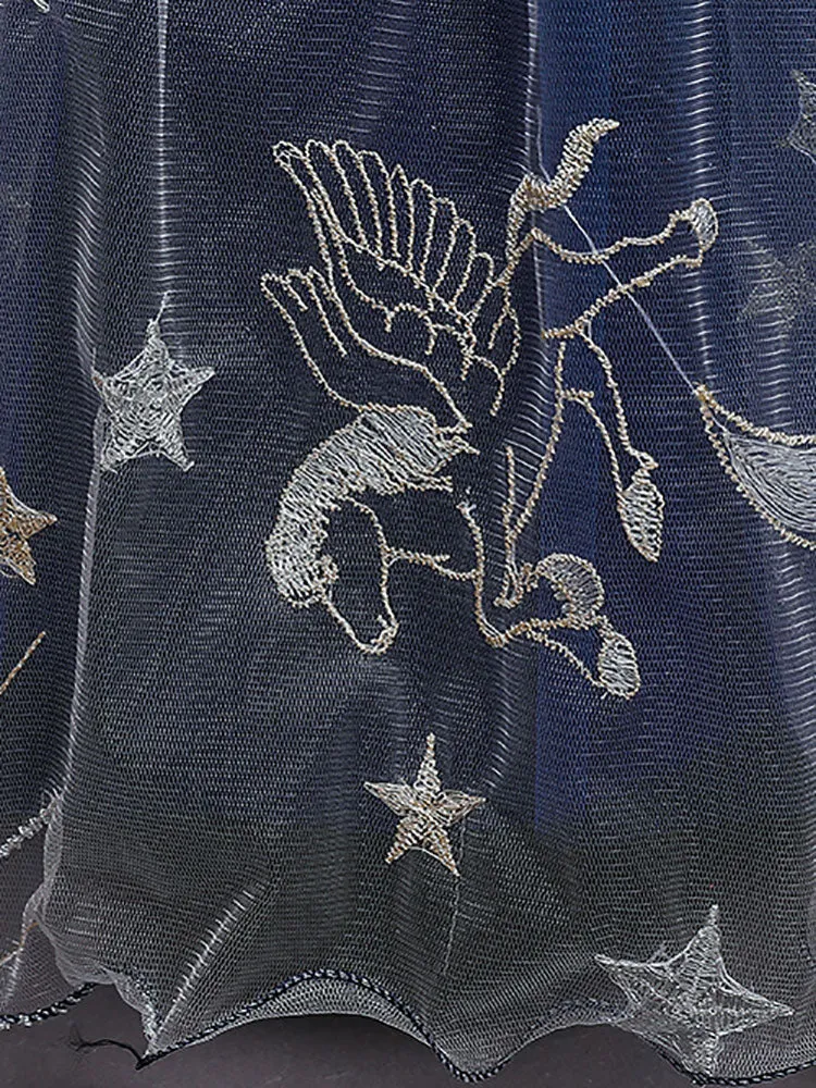 Navy Blue Jewel Neck Polyester Lace Polyester Tulle Sleeveless Ankle-Length A-Line Embroidered Kids Party Dresses