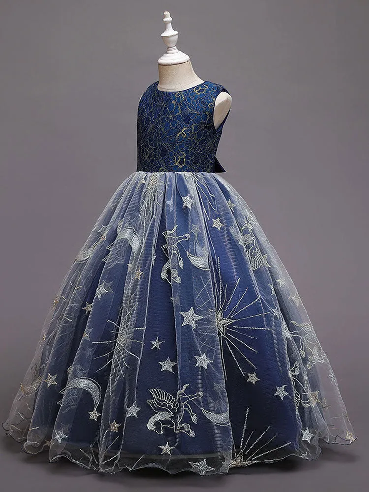 Navy Blue Jewel Neck Polyester Lace Polyester Tulle Sleeveless Ankle-Length A-Line Embroidered Kids Party Dresses