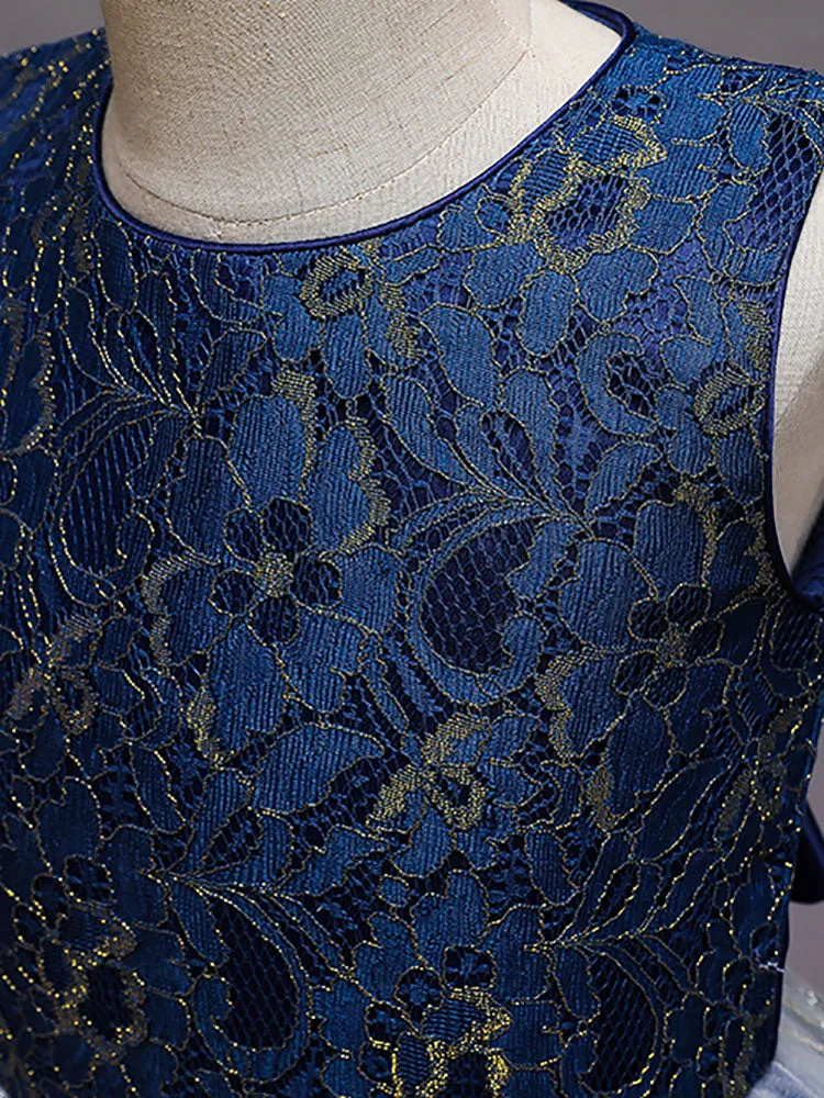 Navy Blue Jewel Neck Polyester Lace Polyester Tulle Sleeveless Ankle-Length A-Line Embroidered Kids Party Dresses