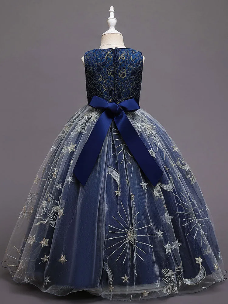 Navy Blue Jewel Neck Polyester Lace Polyester Tulle Sleeveless Ankle-Length A-Line Embroidered Kids Party Dresses