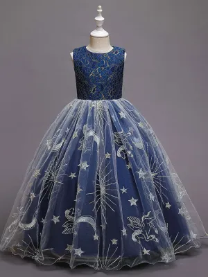 Navy Blue Jewel Neck Polyester Lace Polyester Tulle Sleeveless Ankle-Length A-Line Embroidered Kids Party Dresses