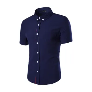 Navy Blue Mens Short Sleeve Button up Shirts - Tailored Slim Fit Cotton Dress Shirts