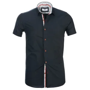 Navy Blue Solid Short Sleeve Button up Shirts for Men - Tailored Slim Fit Cotton Dress Shirts
