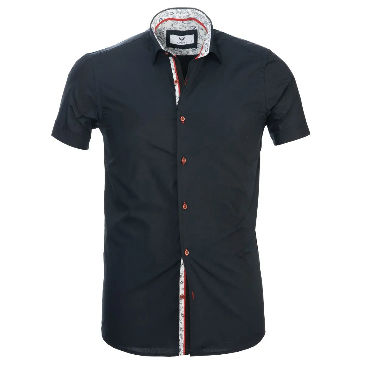 Navy Blue Solid Short Sleeve Button up Shirts for Men - Tailored Slim Fit Cotton Dress Shirts