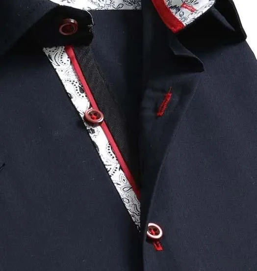 Navy Blue Solid Short Sleeve Button up Shirts for Men - Tailored Slim Fit Cotton Dress Shirts