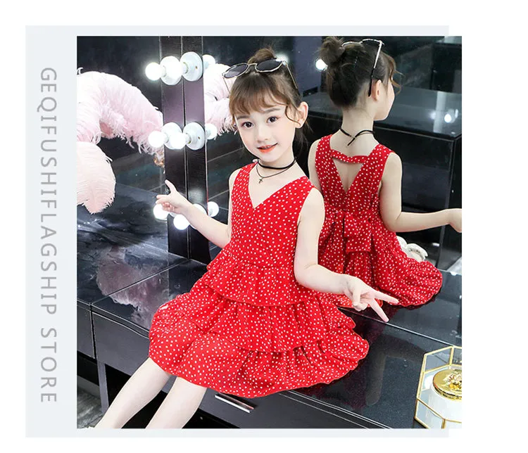 New Summer Sleeveless Girls Red Dot Dress Baby Toddler Kids Knee-Length Fashion Party Sweet Wedding Princess Dresses