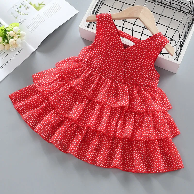 New Summer Sleeveless Girls Red Dot Dress Baby Toddler Kids Knee-Length Fashion Party Sweet Wedding Princess Dresses