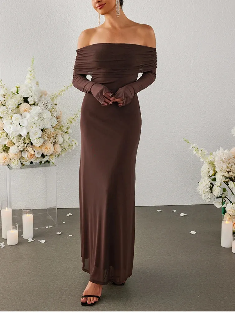Off-shoulder Sleeve Mesh Maxi Dress