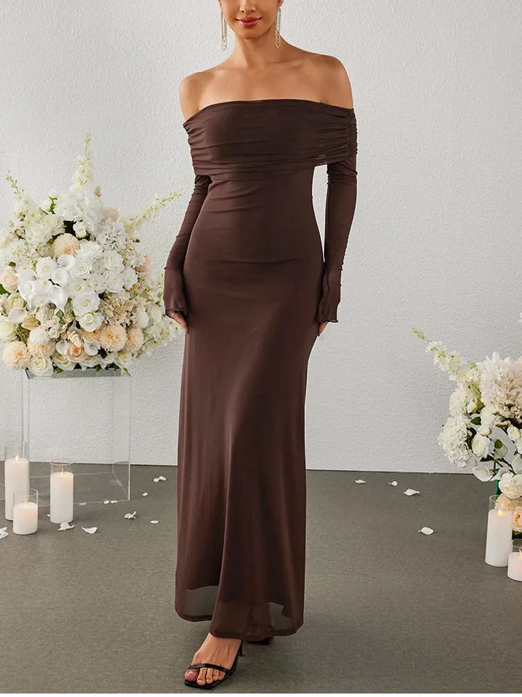 Off-shoulder Sleeve Mesh Maxi Dress
