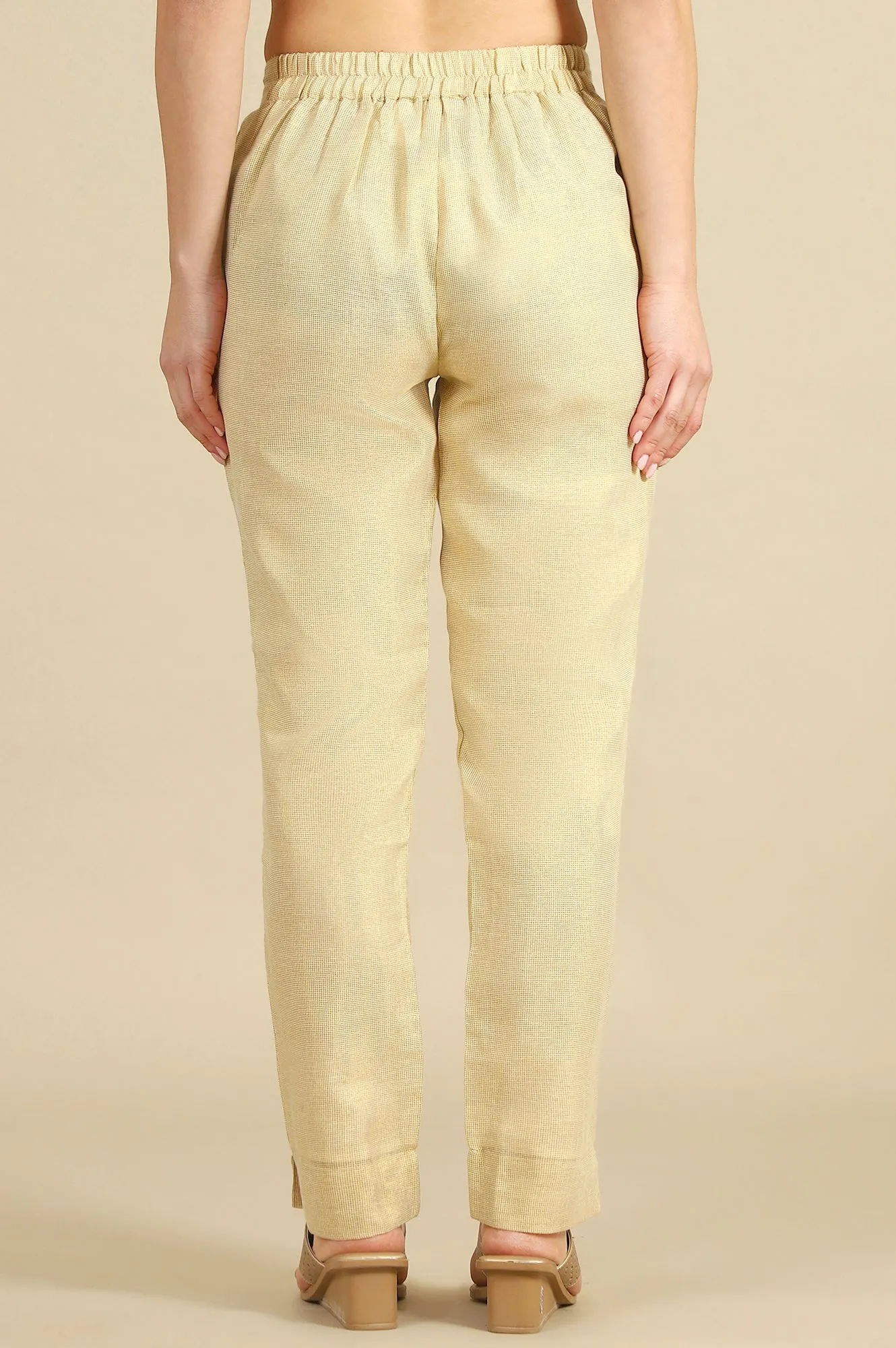Off White Yarn Dyed Zari Cotton Blend Trousers