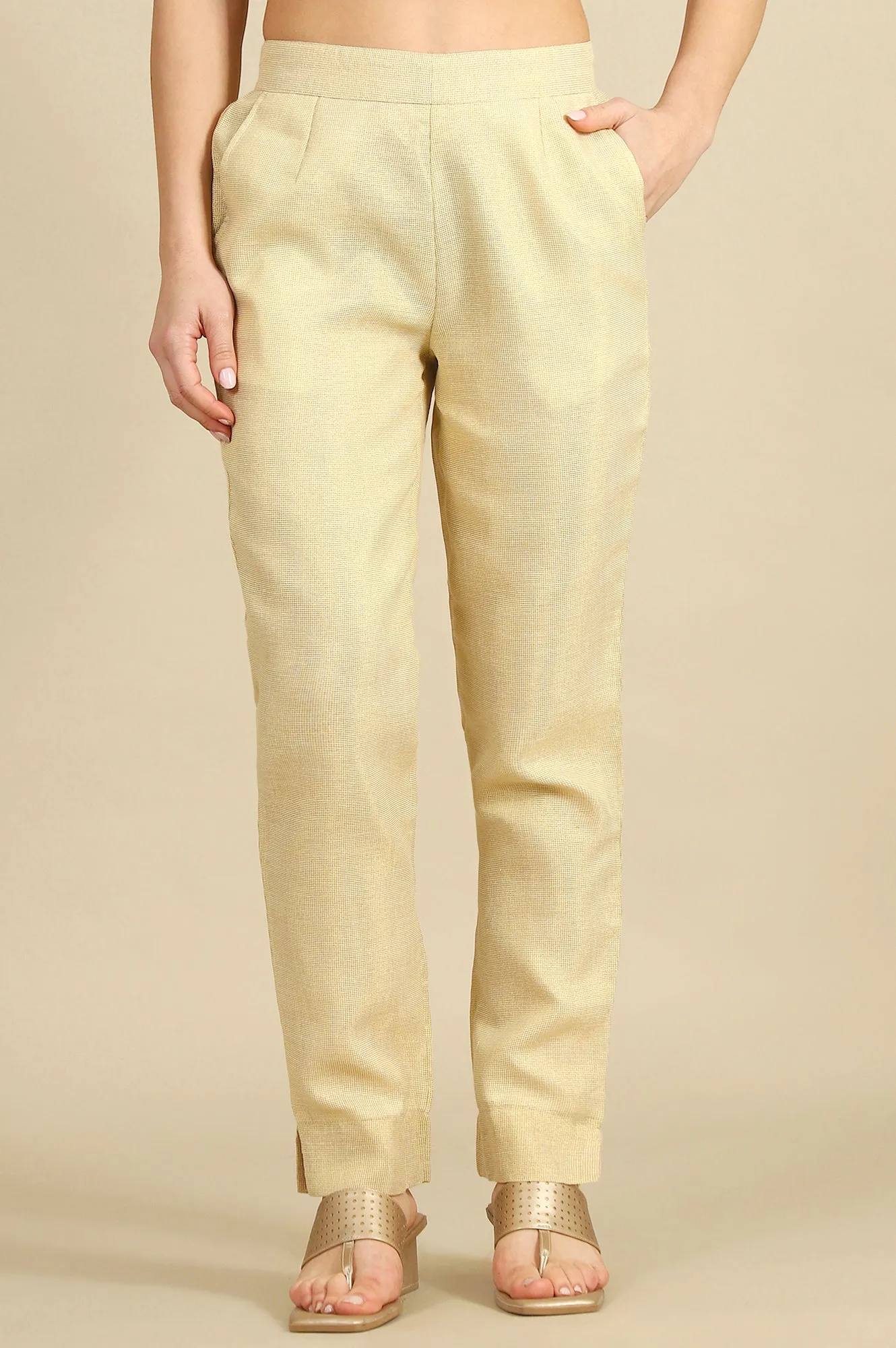 Off White Yarn Dyed Zari Cotton Blend Trousers