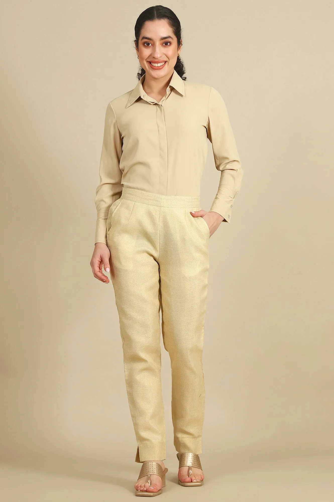 Off White Yarn Dyed Zari Cotton Blend Trousers