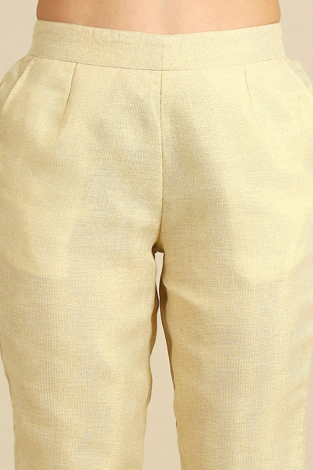 Off White Yarn Dyed Zari Cotton Blend Trousers