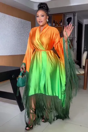 Ombre Print Flare Sleeve Finger Overlap Party Maxi Dresses-Green [Pre Order]