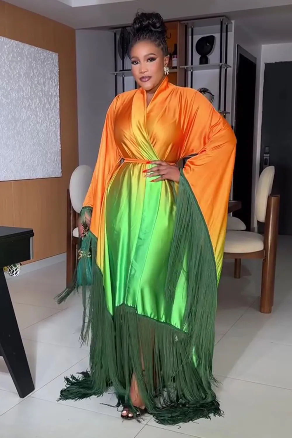 Ombre Print Flare Sleeve Finger Overlap Party Maxi Dresses-Green [Pre Order]