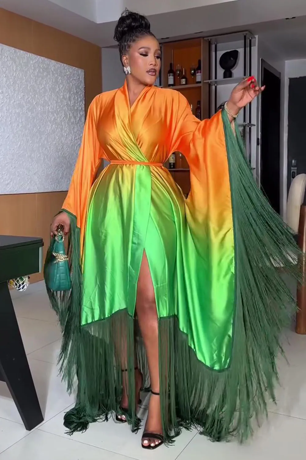 Ombre Print Flare Sleeve Finger Overlap Party Maxi Dresses-Green [Pre Order]