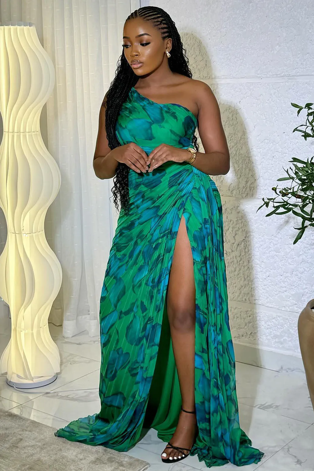 One Shoulder Ruched High Slit Print Party Maxi Dresses-Green [Pre Order]