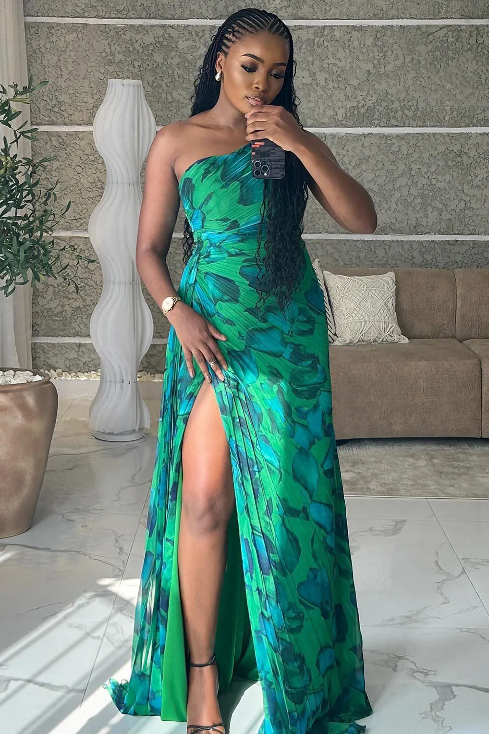 One Shoulder Ruched High Slit Print Party Maxi Dresses-Green [Pre Order]
