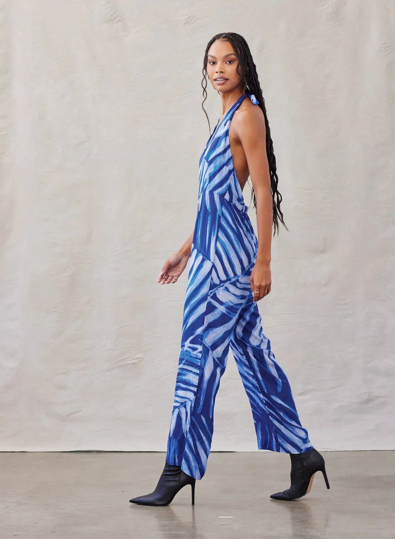 Open Back Halter Jumpsuit - Bayside Palm Print