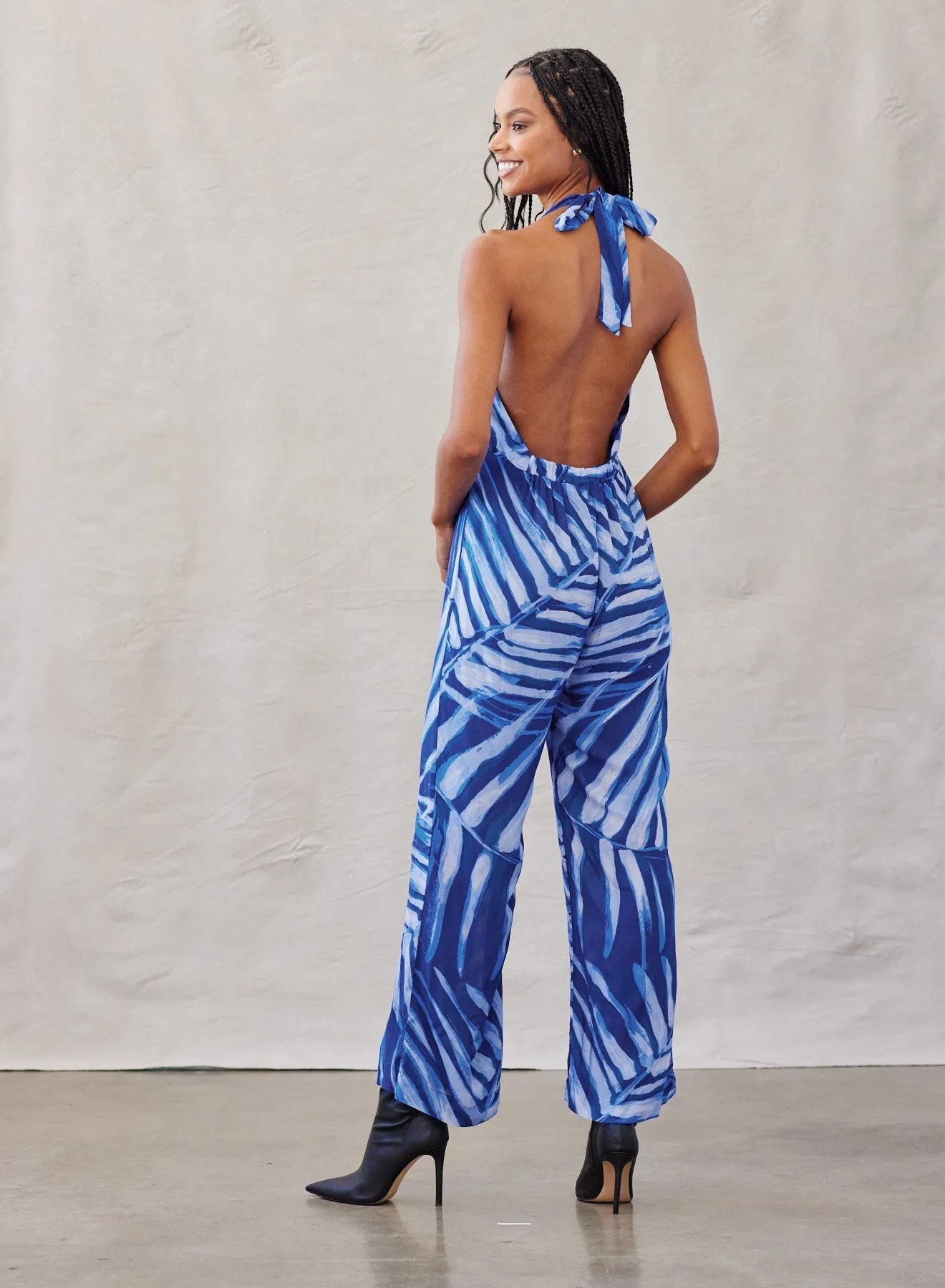 Open Back Halter Jumpsuit - Bayside Palm Print