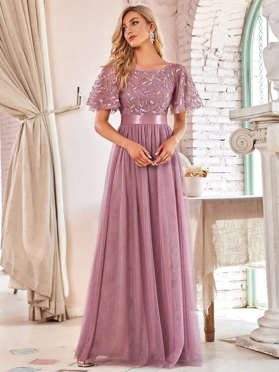 Oversize Evening Dresses A-Line O-Neck Short Sleeve Long Formal Dress