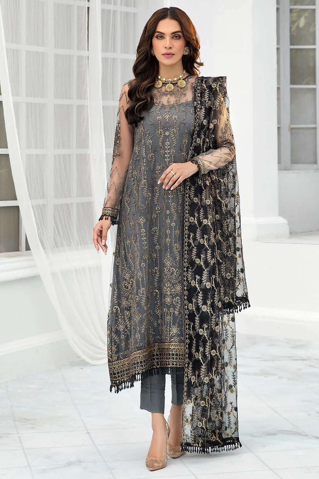 Pakistani Graphite Embroidered Kameez Capri Party Wear