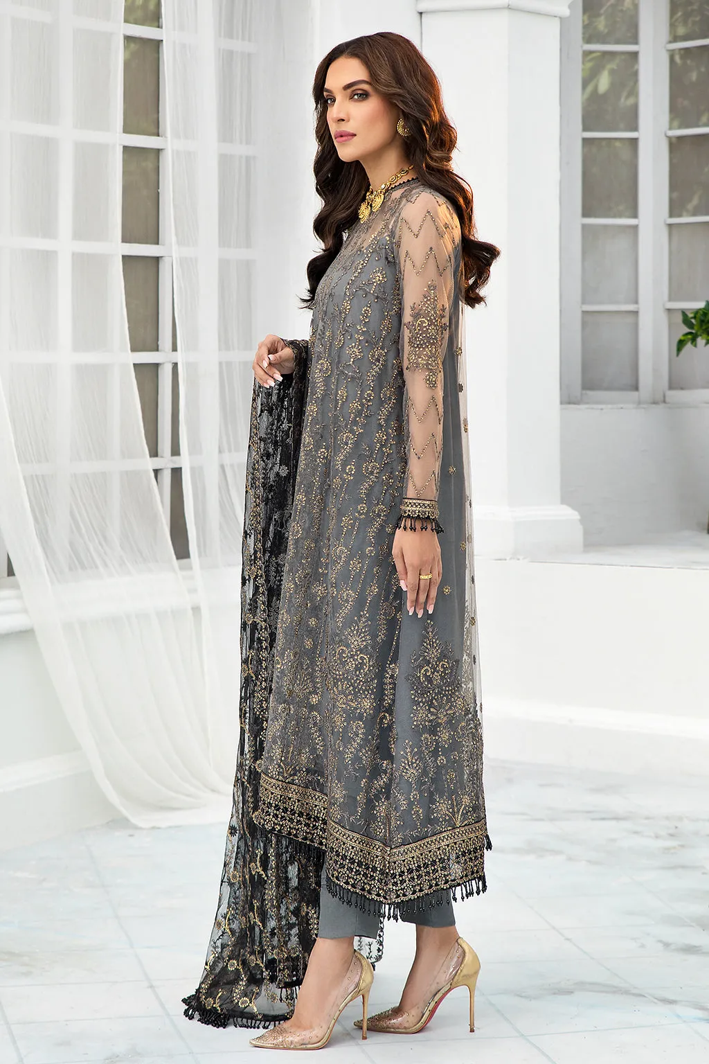 Pakistani Graphite Embroidered Kameez Capri Party Wear