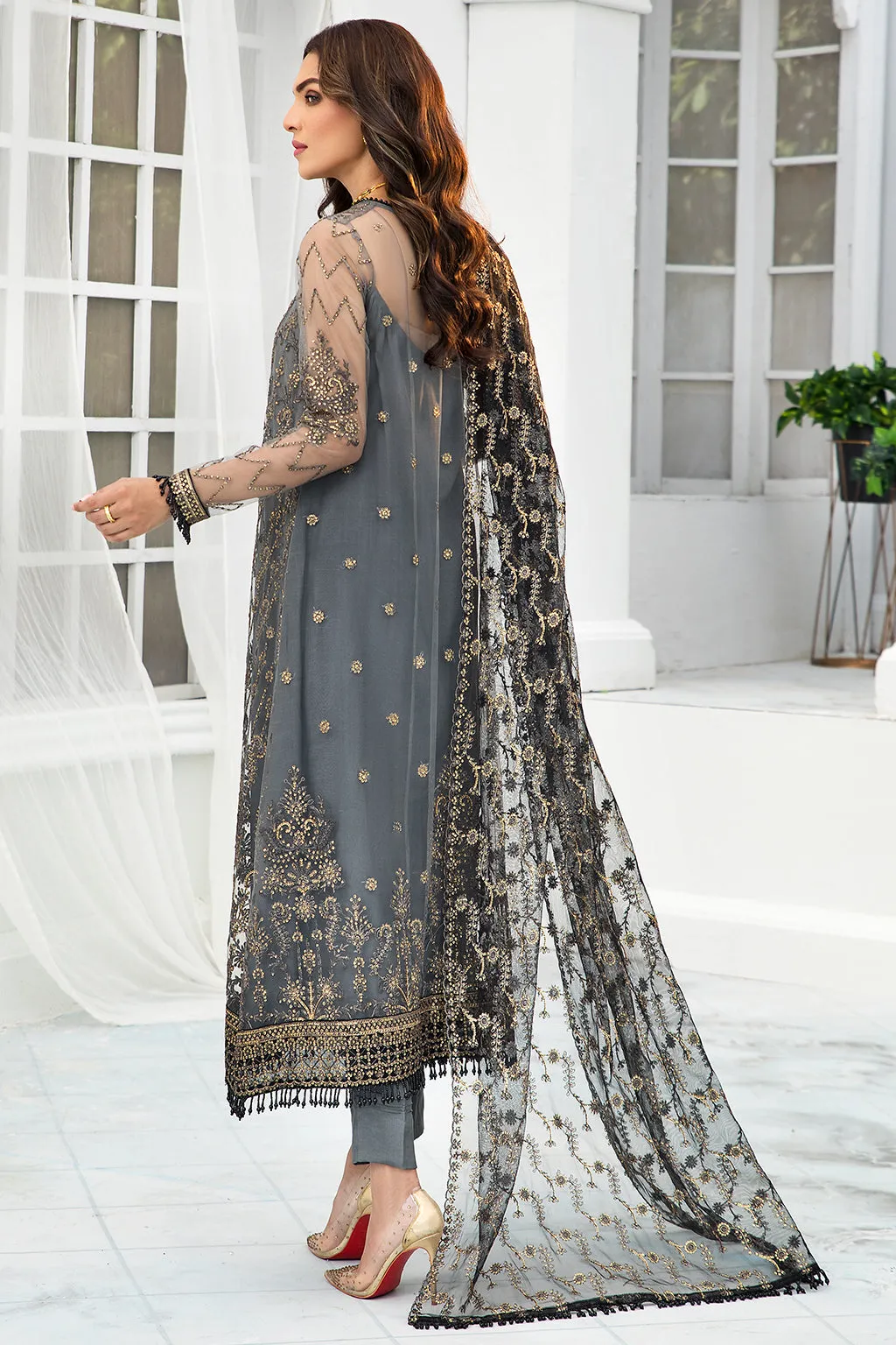 Pakistani Graphite Embroidered Kameez Capri Party Wear