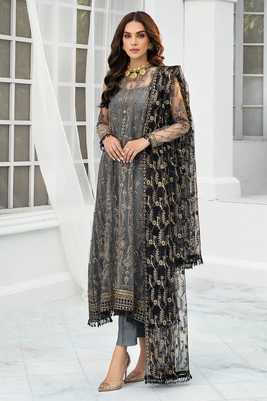 Pakistani Graphite Embroidered Kameez Capri Party Wear