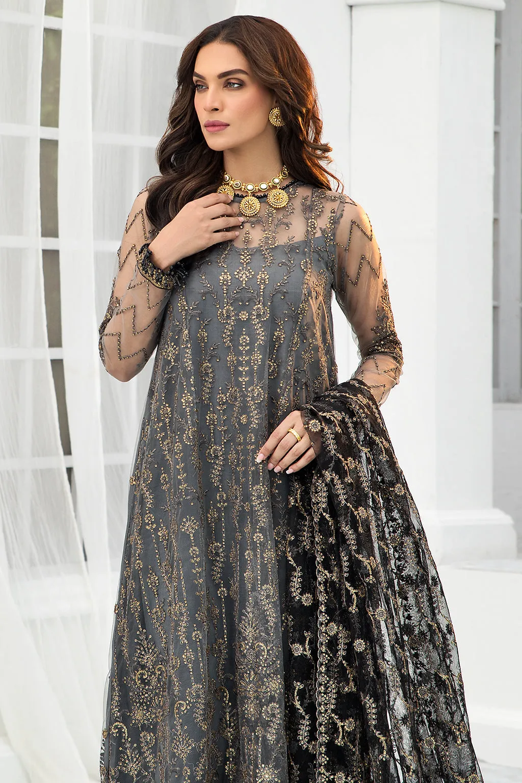 Pakistani Graphite Embroidered Kameez Capri Party Wear