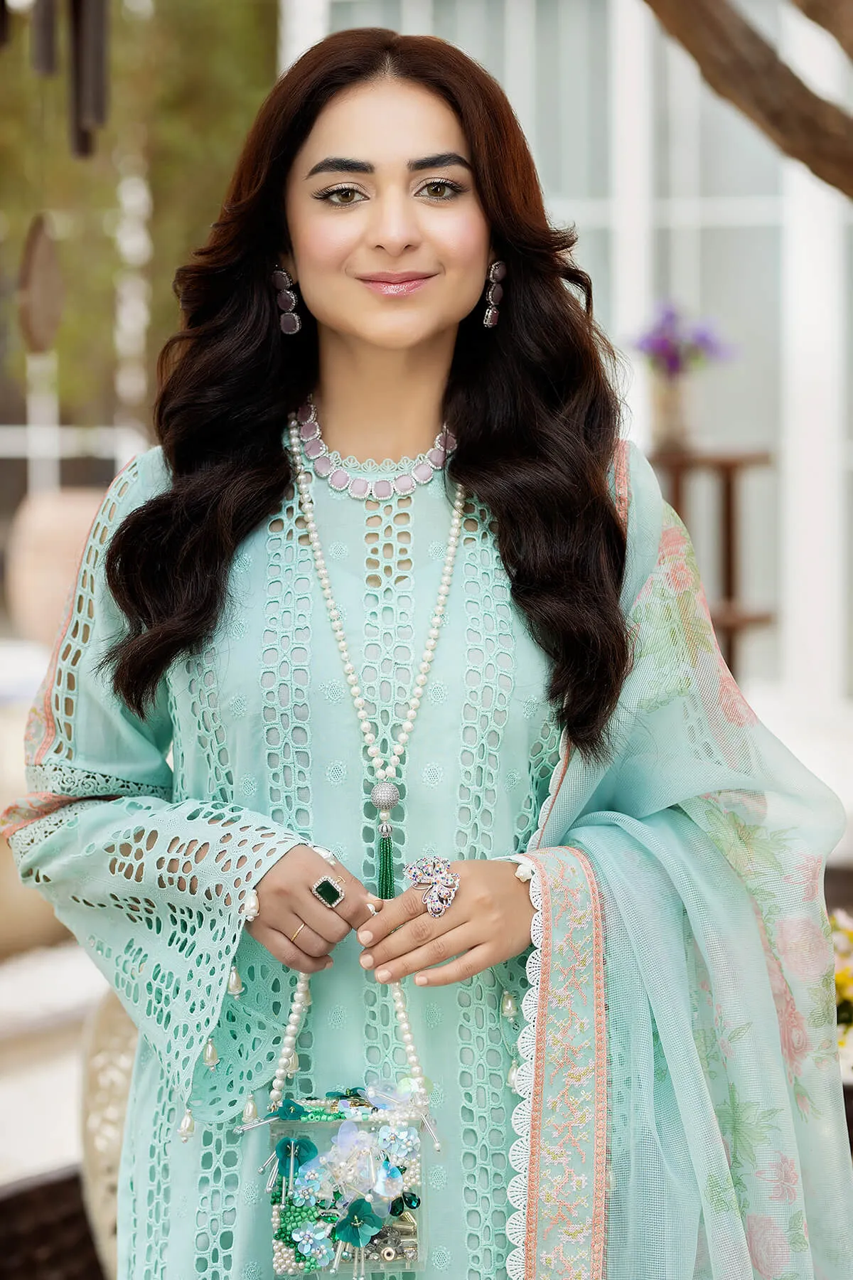 Pakistani Kameez Trousers in Sky blue and Pink contrast Party Dress