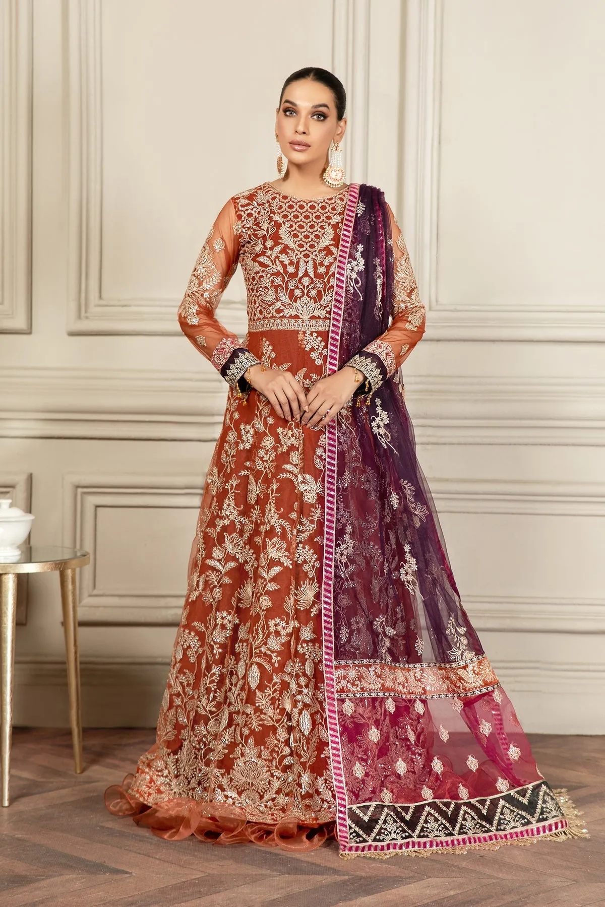 Pakistani Long Frock with Dupatta in Orange Color