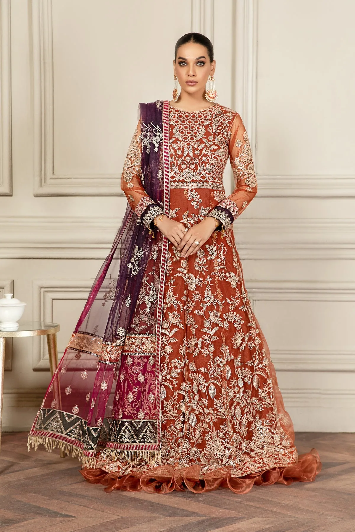 Pakistani Long Frock with Dupatta in Orange Color