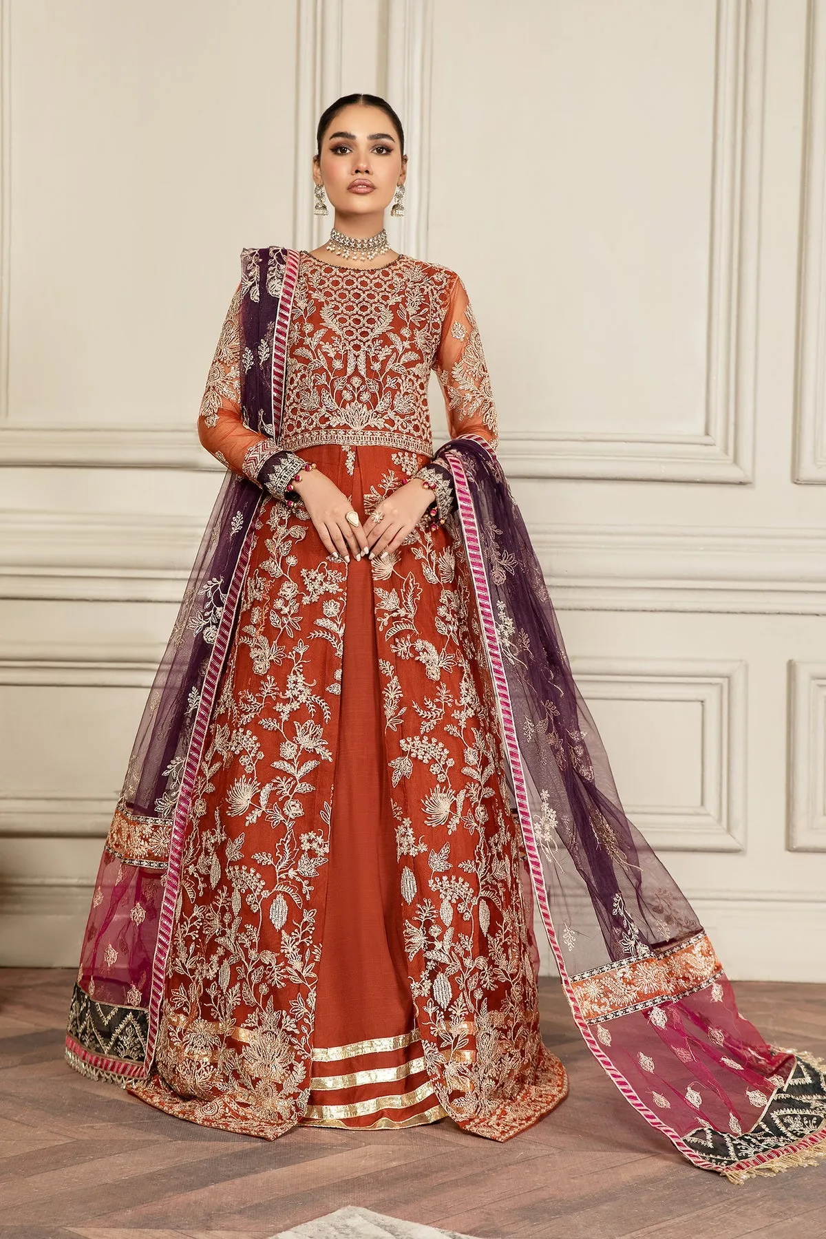 Pakistani Long Frock with Dupatta in Orange Color