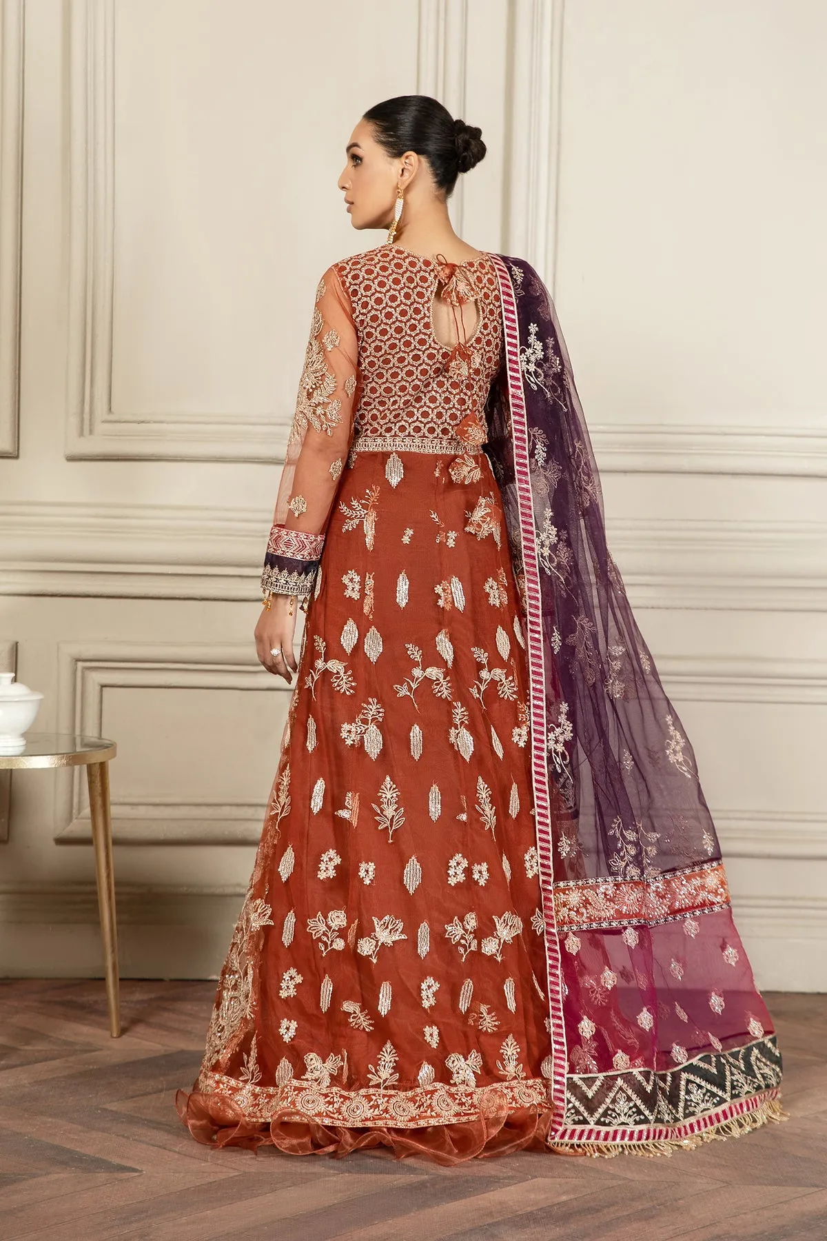 Pakistani Long Frock with Dupatta in Orange Color