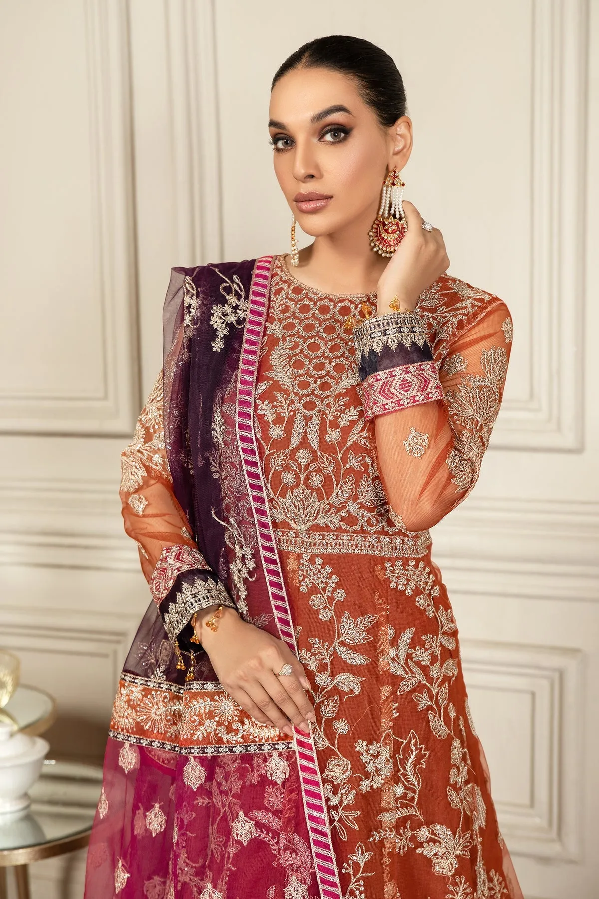 Pakistani Long Frock with Dupatta in Orange Color