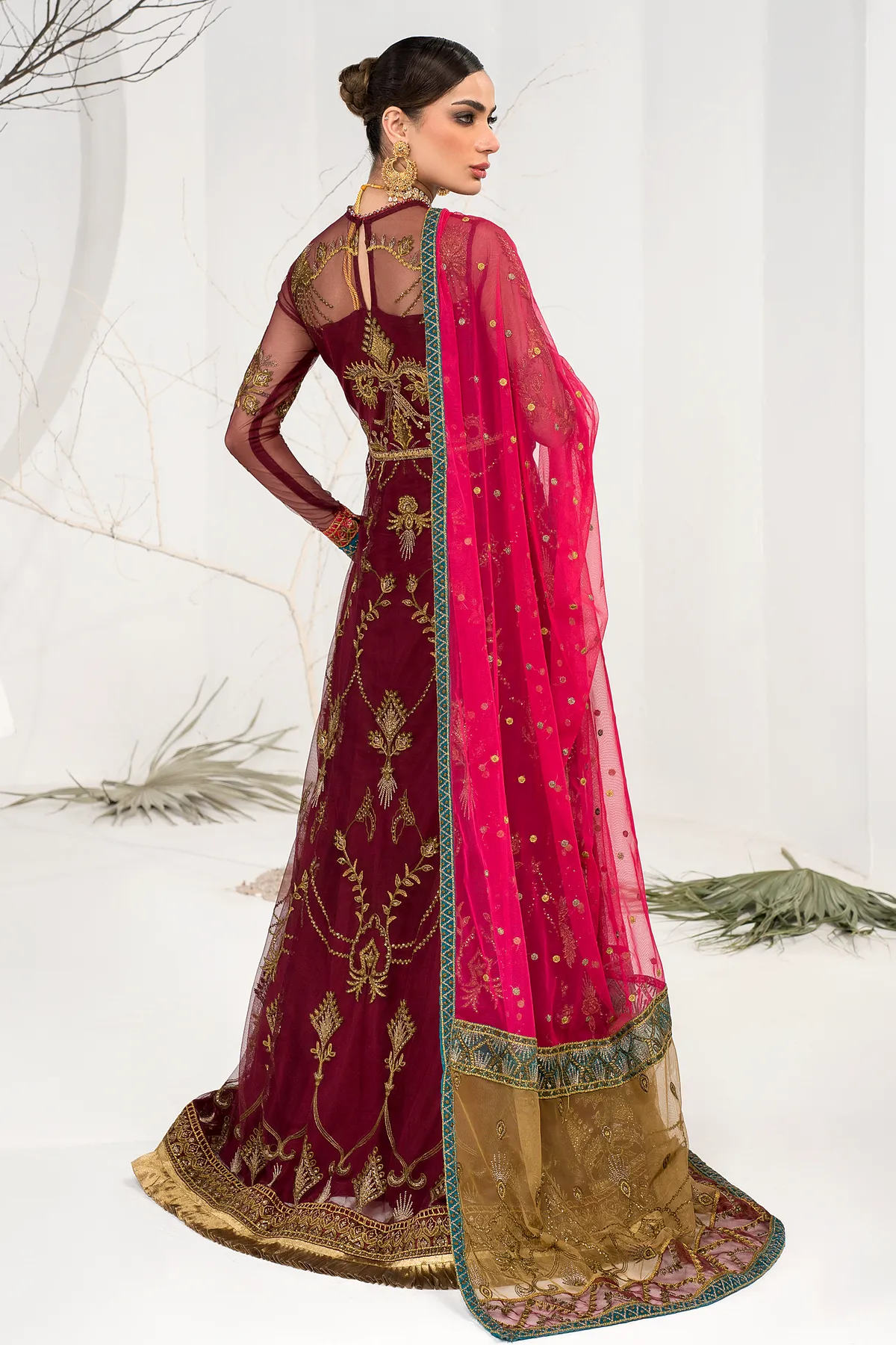 Pakistani Maroon Embroidered Pishwas Wedding Dress