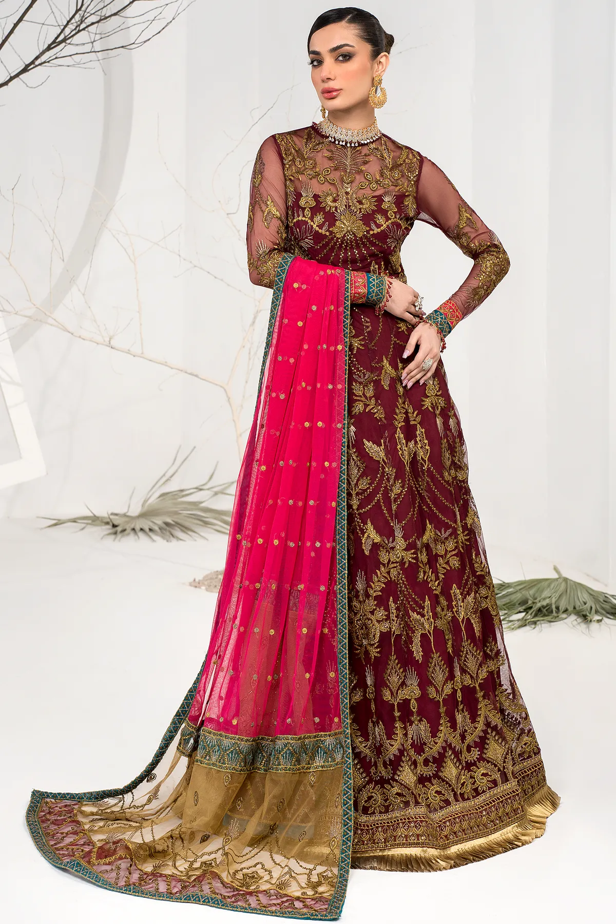 Pakistani Maroon Embroidered Pishwas Wedding Dress