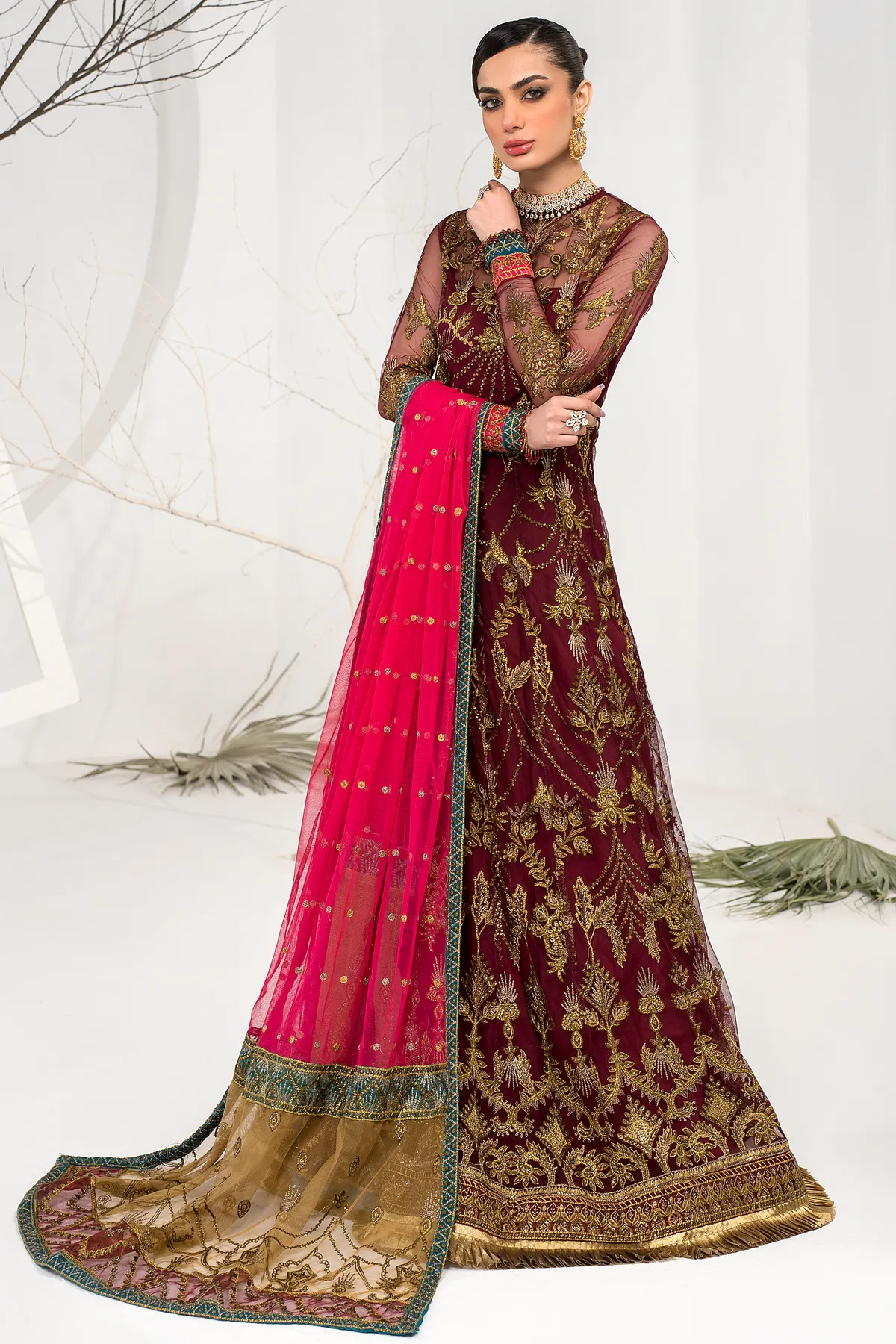 Pakistani Maroon Embroidered Pishwas Wedding Dress