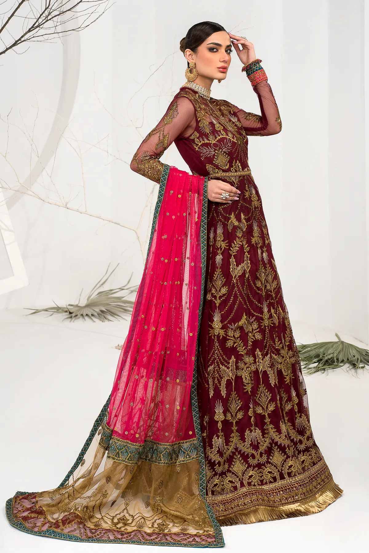 Pakistani Maroon Embroidered Pishwas Wedding Dress