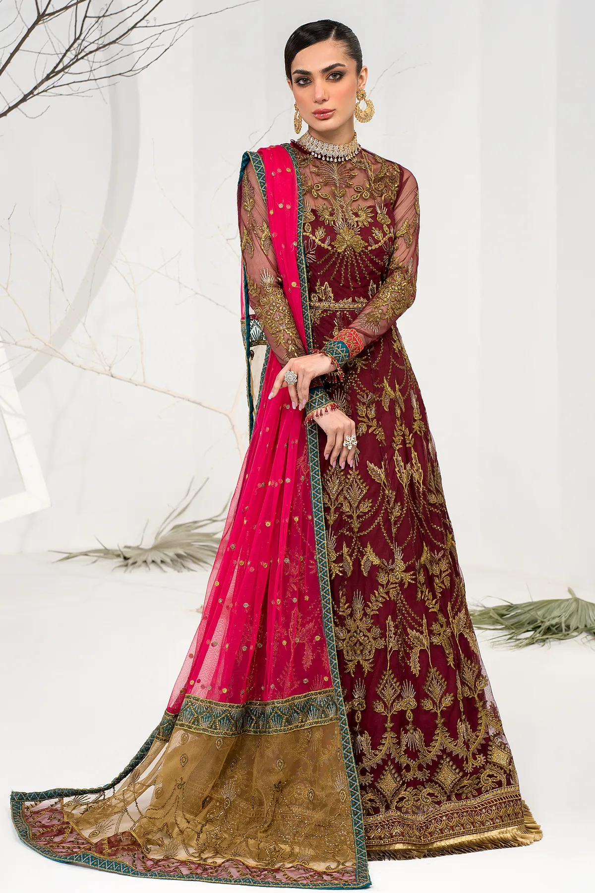 Pakistani Maroon Embroidered Pishwas Wedding Dress