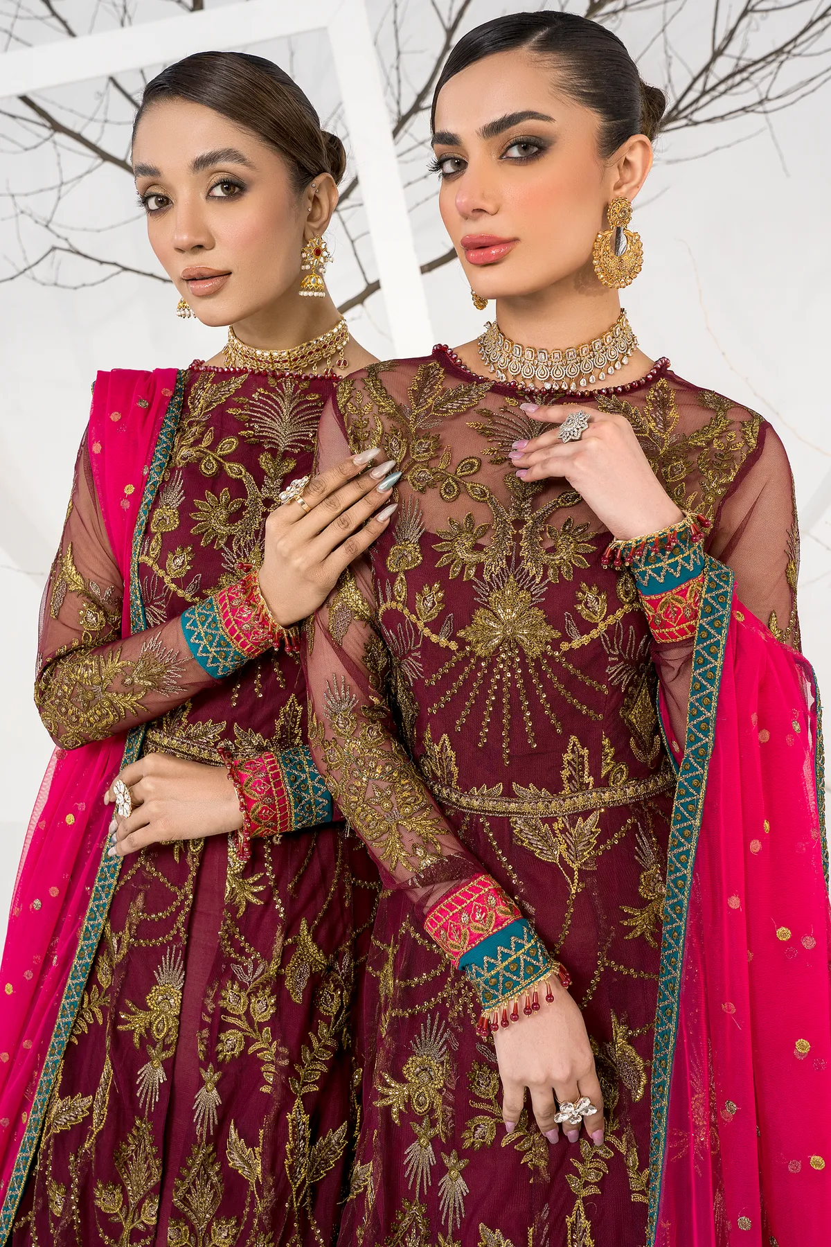 Pakistani Maroon Embroidered Pishwas Wedding Dress