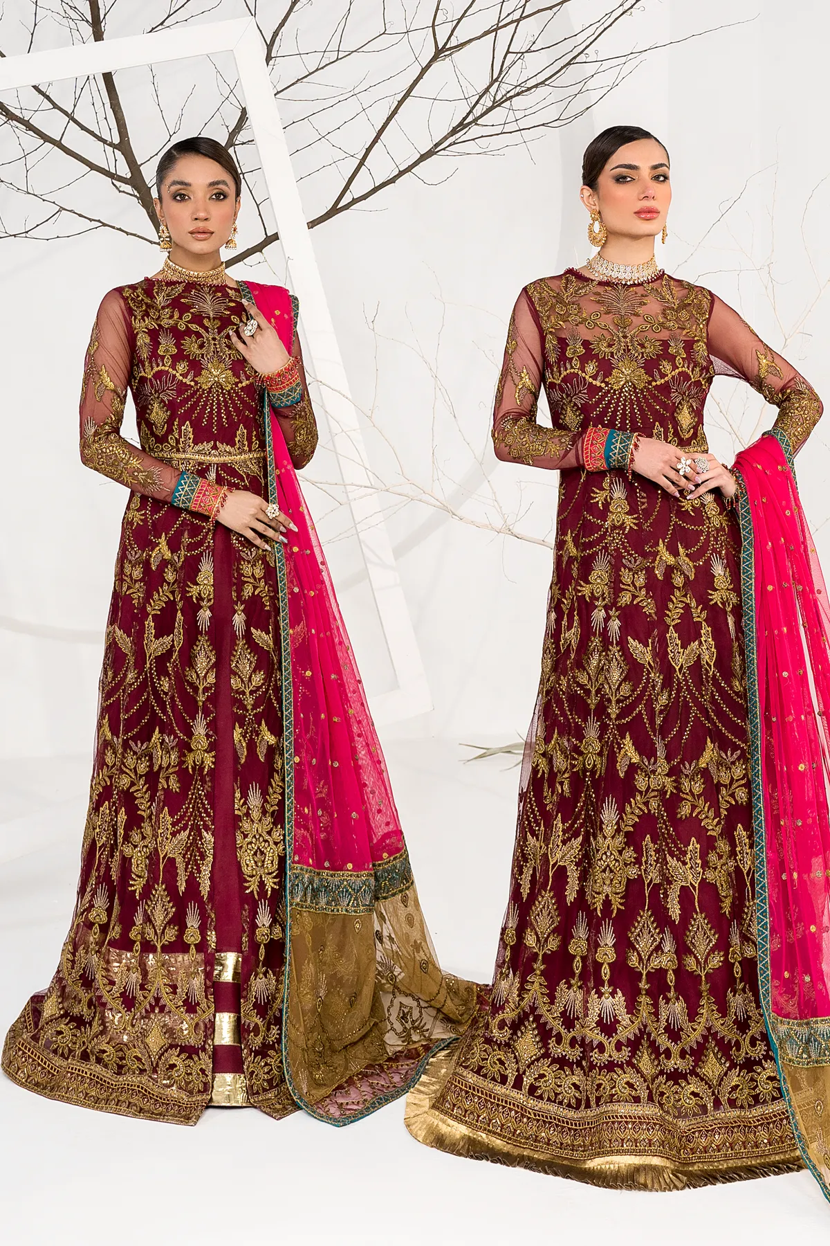 Pakistani Maroon Embroidered Pishwas Wedding Dress