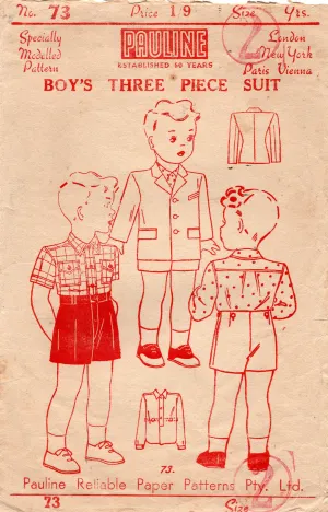 Pauline 73 RARE Toddler Boys Three Piece Suit Jacket Shirt & Shorts 1940s Vintage Sewing Pattern Size 2 Years